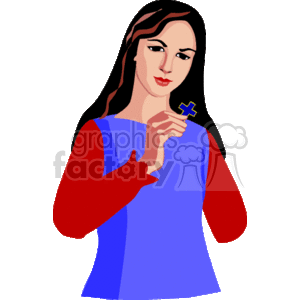 The clipart image depicts a woman in a blue top holding a golden cross pendant, commonly recognized as a symbol of Christianity. She appears to be contemplating or praying.