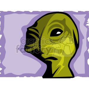The clipart image depicts the stylized head of an alien with exaggerated features typical of extraterrestrial beings found in Sci-Fi media. The alien's head is elongated, with a prominent forehead and cheekbones, a small mouth, and a large, almond-shaped eye. The colors used are shades of green and yellow, which are also commonly associated with portrayals of aliens. The background is purple and features what appears to be a jagged edge or frame around the figure.
