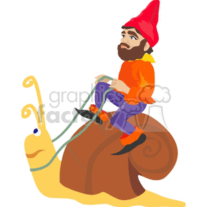 a bearded gnome with a red hat riding a snail