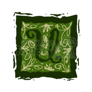 The clipart image features an artistic representation of the letter U from the alphabet. The letter is adorned with calligraphic flourishes, situated within a stylized box that also contains decorative elements such as swirls and leaf-like designs. The font used for the letter U is stylized and suggests an element of sophistication or antiquity. The overall design invokes a sense of traditional calligraphy or possibly a manuscript illumination.