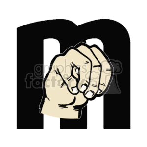The image is a clipart representation of a hand forming the letter 'M' in American Sign Language (ASL). The hand is in the foreground with the letter 'R' drawn in the background, likely for visual reinforcement of the sign's corresponding alphabet letter.