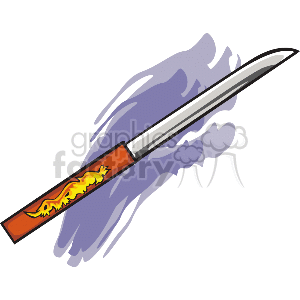 The image is a clipart of a sword with a stylized handle featuring a flame design. The sword appears to be in motion with a swiping effect illustrated by the blurred gray lines behind it, denoting speed or movement, often associated with martial arts or action.