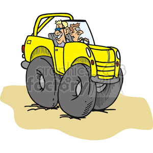 clipart - Cartoon yellow convertible truck with two guys in it.