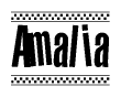 The clipart image displays the text Amalia in a bold, stylized font. It is enclosed in a rectangular border with a checkerboard pattern running below and above the text, similar to a finish line in racing. 