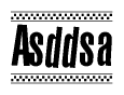 The image is a black and white clipart of the text Asddsa in a bold, italicized font. The text is bordered by a dotted line on the top and bottom, and there are checkered flags positioned at both ends of the text, usually associated with racing or finishing lines.