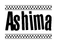The image contains the text Ashima in a bold, stylized font, with a checkered flag pattern bordering the top and bottom of the text.