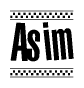 The image is a black and white clipart of the text Asim in a bold, italicized font. The text is bordered by a dotted line on the top and bottom, and there are checkered flags positioned at both ends of the text, usually associated with racing or finishing lines.