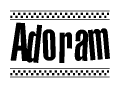 The image contains the text Adoram in a bold, stylized font, with a checkered flag pattern bordering the top and bottom of the text.