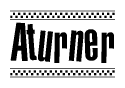 The image contains the text Aturner in a bold, stylized font, with a checkered flag pattern bordering the top and bottom of the text.