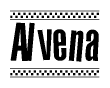 The image is a black and white clipart of the text Alvena in a bold, italicized font. The text is bordered by a dotted line on the top and bottom, and there are checkered flags positioned at both ends of the text, usually associated with racing or finishing lines.