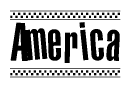 The image is a black and white clipart of the text America in a bold, italicized font. The text is bordered by a dotted line on the top and bottom, and there are checkered flags positioned at both ends of the text, usually associated with racing or finishing lines.