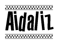 The image is a black and white clipart of the text Aidaliz in a bold, italicized font. The text is bordered by a dotted line on the top and bottom, and there are checkered flags positioned at both ends of the text, usually associated with racing or finishing lines.
