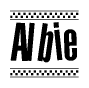 The image contains the text Albie in a bold, stylized font, with a checkered flag pattern bordering the top and bottom of the text.