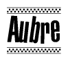The image contains the text Aubre in a bold, stylized font, with a checkered flag pattern bordering the top and bottom of the text.