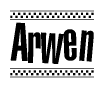 The image is a black and white clipart of the text Arwen in a bold, italicized font. The text is bordered by a dotted line on the top and bottom, and there are checkered flags positioned at both ends of the text, usually associated with racing or finishing lines.