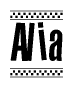 The image is a black and white clipart of the text Alia in a bold, italicized font. The text is bordered by a dotted line on the top and bottom, and there are checkered flags positioned at both ends of the text, usually associated with racing or finishing lines.