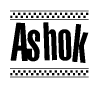 The clipart image displays the text Ashok in a bold, stylized font. It is enclosed in a rectangular border with a checkerboard pattern running below and above the text, similar to a finish line in racing. 