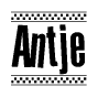The clipart image displays the text Antje in a bold, stylized font. It is enclosed in a rectangular border with a checkerboard pattern running below and above the text, similar to a finish line in racing. 