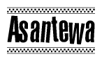 The image is a black and white clipart of the text Asantewa in a bold, italicized font. The text is bordered by a dotted line on the top and bottom, and there are checkered flags positioned at both ends of the text, usually associated with racing or finishing lines.