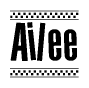 The image is a black and white clipart of the text Ailee in a bold, italicized font. The text is bordered by a dotted line on the top and bottom, and there are checkered flags positioned at both ends of the text, usually associated with racing or finishing lines.