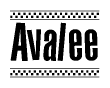 The image contains the text Avalee in a bold, stylized font, with a checkered flag pattern bordering the top and bottom of the text.