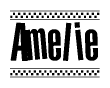 The image is a black and white clipart of the text Amelie in a bold, italicized font. The text is bordered by a dotted line on the top and bottom, and there are checkered flags positioned at both ends of the text, usually associated with racing or finishing lines.