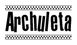 The clipart image displays the text Archuleta in a bold, stylized font. It is enclosed in a rectangular border with a checkerboard pattern running below and above the text, similar to a finish line in racing. 