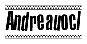 The image is a black and white clipart of the text Andreauocl in a bold, italicized font. The text is bordered by a dotted line on the top and bottom, and there are checkered flags positioned at both ends of the text, usually associated with racing or finishing lines.