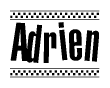 The image is a black and white clipart of the text Adrien in a bold, italicized font. The text is bordered by a dotted line on the top and bottom, and there are checkered flags positioned at both ends of the text, usually associated with racing or finishing lines.
