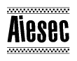 The image contains the text Aiesec in a bold, stylized font, with a checkered flag pattern bordering the top and bottom of the text.