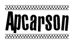 The image contains the text Apcarson in a bold, stylized font, with a checkered flag pattern bordering the top and bottom of the text.