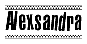 The image is a black and white clipart of the text Alexsandra in a bold, italicized font. The text is bordered by a dotted line on the top and bottom, and there are checkered flags positioned at both ends of the text, usually associated with racing or finishing lines.