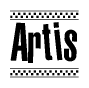 The clipart image displays the text Artis in a bold, stylized font. It is enclosed in a rectangular border with a checkerboard pattern running below and above the text, similar to a finish line in racing. 