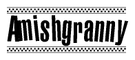 The clipart image displays the text Amishgranny in a bold, stylized font. It is enclosed in a rectangular border with a checkerboard pattern running below and above the text, similar to a finish line in racing. 