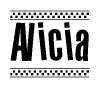 The image contains the text Alicia in a bold, stylized font, with a checkered flag pattern bordering the top and bottom of the text.