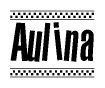 The image is a black and white clipart of the text Aulina in a bold, italicized font. The text is bordered by a dotted line on the top and bottom, and there are checkered flags positioned at both ends of the text, usually associated with racing or finishing lines.