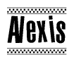 The clipart image displays the text Alexis in a bold, stylized font. It is enclosed in a rectangular border with a checkerboard pattern running below and above the text, similar to a finish line in racing. 