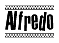 The clipart image displays the text Alfredo in a bold, stylized font. It is enclosed in a rectangular border with a checkerboard pattern running below and above the text, similar to a finish line in racing. 