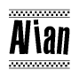 The image is a black and white clipart of the text Alian in a bold, italicized font. The text is bordered by a dotted line on the top and bottom, and there are checkered flags positioned at both ends of the text, usually associated with racing or finishing lines.