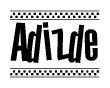 The image is a black and white clipart of the text Adizde in a bold, italicized font. The text is bordered by a dotted line on the top and bottom, and there are checkered flags positioned at both ends of the text, usually associated with racing or finishing lines.