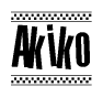 The clipart image displays the text Akiko in a bold, stylized font. It is enclosed in a rectangular border with a checkerboard pattern running below and above the text, similar to a finish line in racing. 