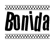 The image is a black and white clipart of the text Bonida in a bold, italicized font. The text is bordered by a dotted line on the top and bottom, and there are checkered flags positioned at both ends of the text, usually associated with racing or finishing lines.