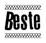 The image is a black and white clipart of the text Beste in a bold, italicized font. The text is bordered by a dotted line on the top and bottom, and there are checkered flags positioned at both ends of the text, usually associated with racing or finishing lines.