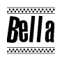 The image contains the text Bella in a bold, stylized font, with a checkered flag pattern bordering the top and bottom of the text.
