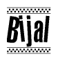 The image contains the text Bijal in a bold, stylized font, with a checkered flag pattern bordering the top and bottom of the text.