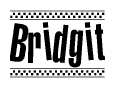 The clipart image displays the text Bridgit in a bold, stylized font. It is enclosed in a rectangular border with a checkerboard pattern running below and above the text, similar to a finish line in racing. 