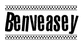 The image is a black and white clipart of the text Benveasey in a bold, italicized font. The text is bordered by a dotted line on the top and bottom, and there are checkered flags positioned at both ends of the text, usually associated with racing or finishing lines.