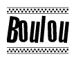 The clipart image displays the text Boulou in a bold, stylized font. It is enclosed in a rectangular border with a checkerboard pattern running below and above the text, similar to a finish line in racing. 
