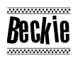 The clipart image displays the text Beckie in a bold, stylized font. It is enclosed in a rectangular border with a checkerboard pattern running below and above the text, similar to a finish line in racing. 