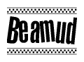 The image is a black and white clipart of the text Beamud in a bold, italicized font. The text is bordered by a dotted line on the top and bottom, and there are checkered flags positioned at both ends of the text, usually associated with racing or finishing lines.